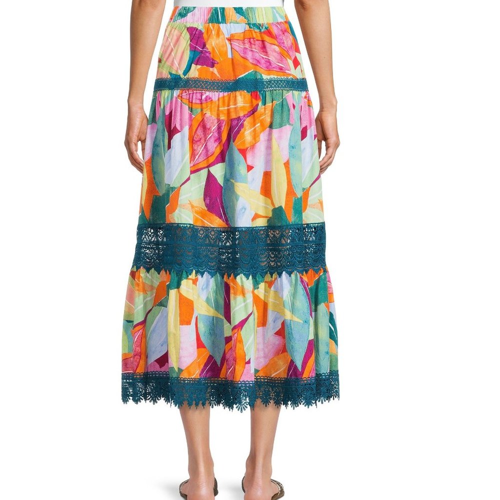 Time and Tru Women’s Tiered Maxi Skirt w Lace Trim Size XS Med Tropical NWT - Picture 3 of 4